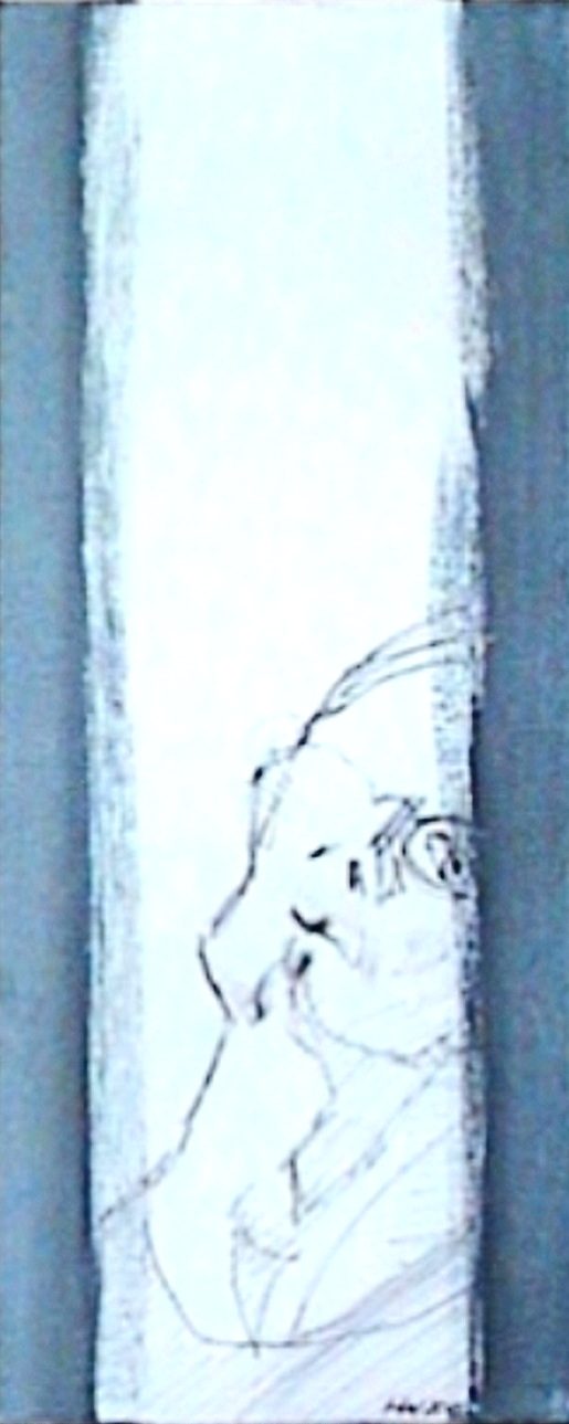 Skizze eines Mannes, der nachdenklich mit der Hand an seinem Gesicht sitzt.