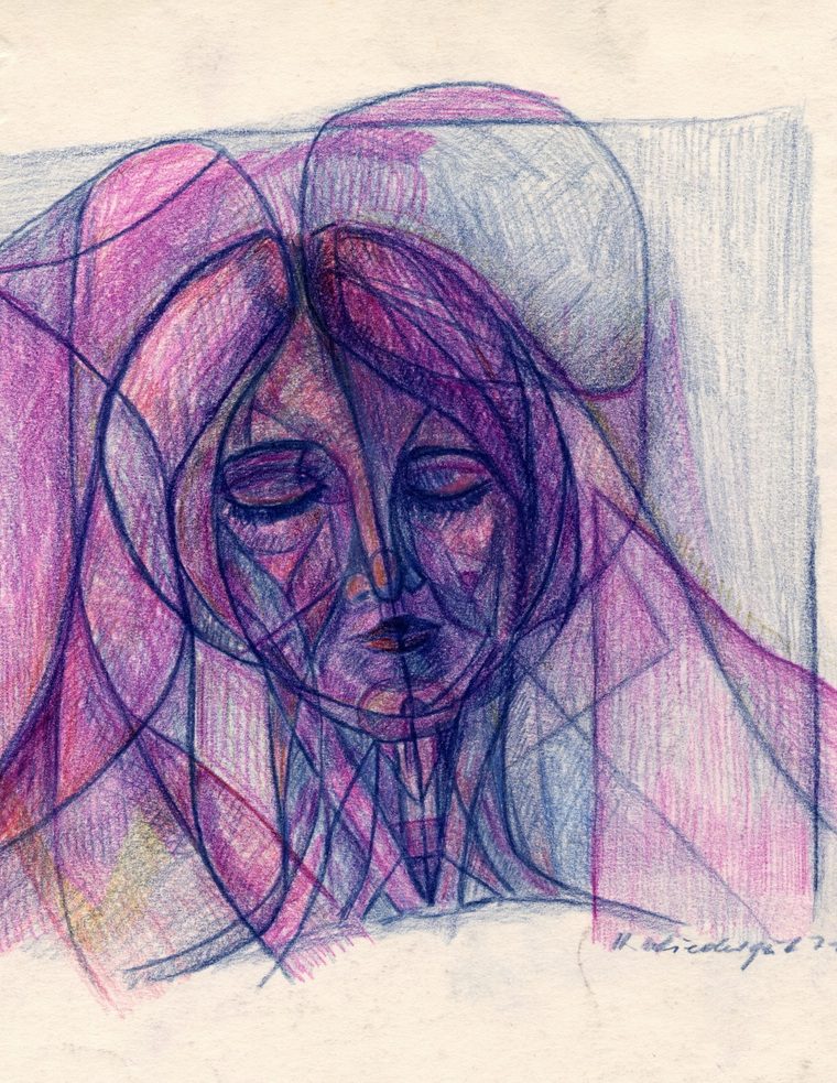 I. K. Kunstwerk mit stilisierten Gesichtszügen in lebhaften lila und rosa Tönen.