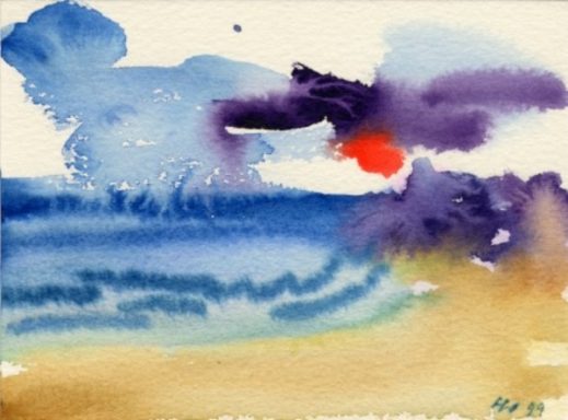 Abstrakte Wasserfarbenlandschaft mit Sonnenuntergang über dem Meer und dramatischen Wolken.