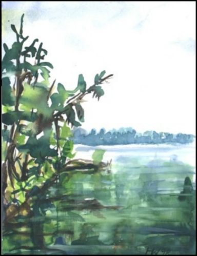 Landschaft mit Wiese, Bäumen am Wasser und einem sanften Himmel im Hintergrund.