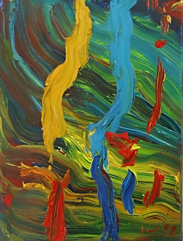Flutwelle Farbige, abstrakte Malerei mit fließenden Formen in Blau, Gelb, Rot und Grün.