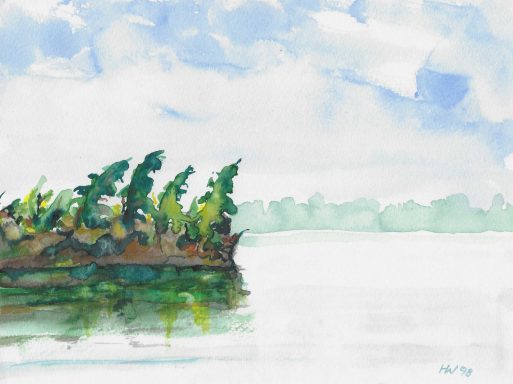 Canada 17 Landschaft mit einem See, umgeben von Bäumen und einem klaren blauen Himmel.