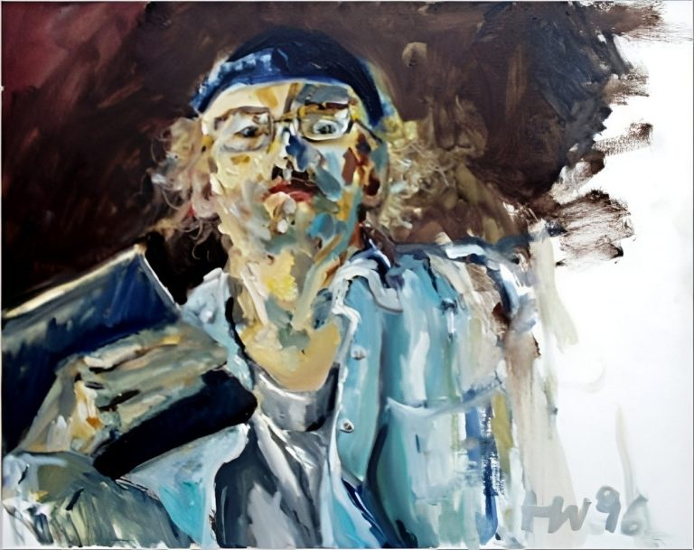 Selbstporträt eines Mannes mit Brille, Hut und Farbpinsel in der Hand.
