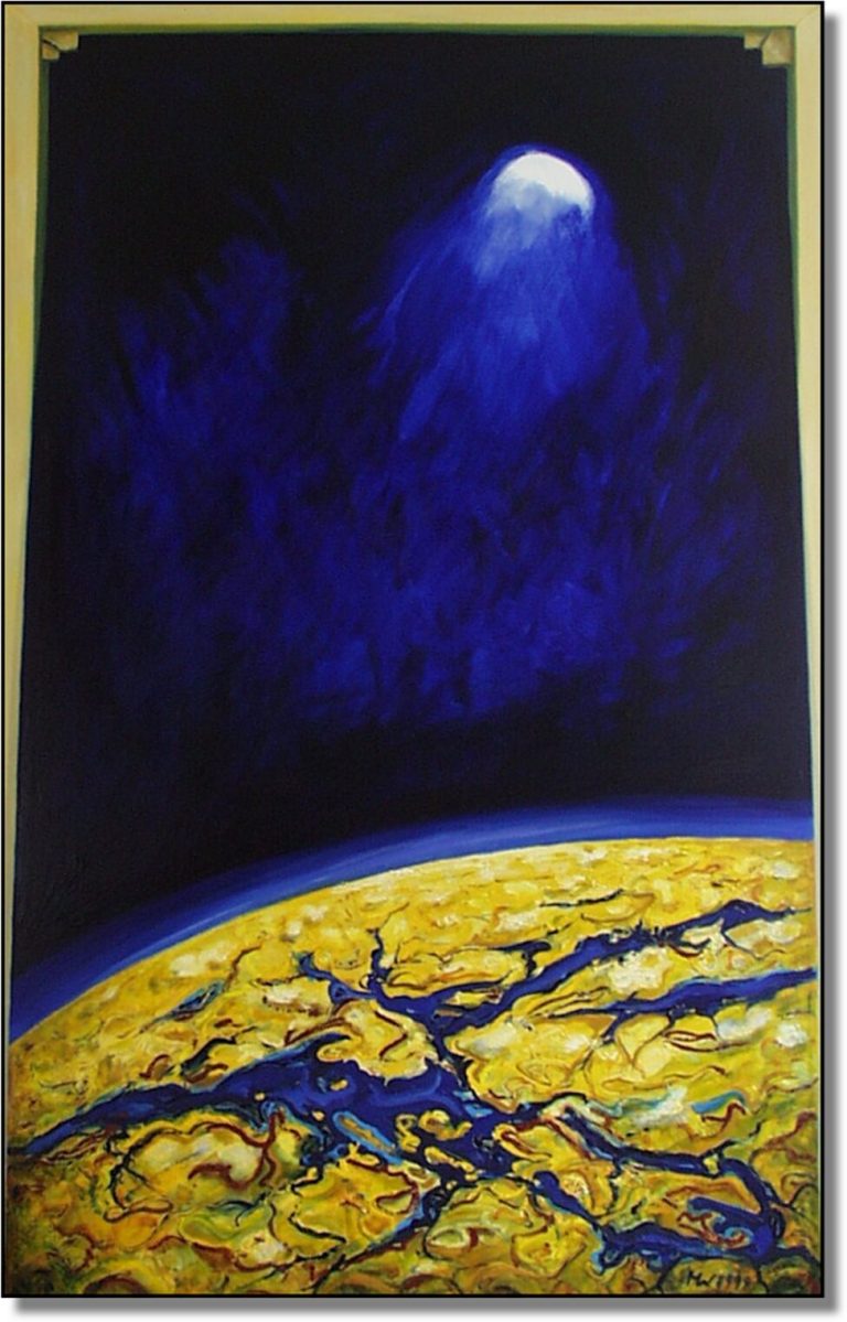 Gekippter Raum Ölgemälde Gekippter Raum von Herbert Wiedergut – kosmische Landschaft, die illusionistisch aus dem Keilrahmen nach vorne kippt