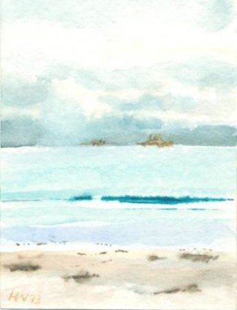 Strand auf Praslin Küstenlandschaft mit sanften Wellen, grauem Himmel und Inseln in der Ferne.