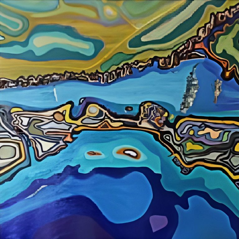 Stromschnellen Abstrakte Landschaft mit Wellen und bunten Farben in Blau, Grün und Gelb.