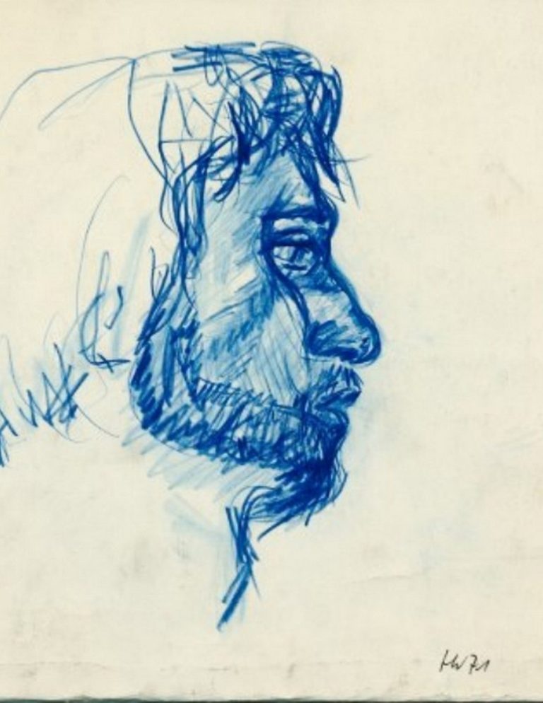 Peter Skizze eines männlichen Gesichtsprofils in blauer Tinte, mit Bart und ungeordnetem Haar.