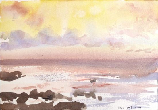 Am Cape of Good Hope Sanfte Aquarelllandschaft mit einem sonnigen Himmel über ruhigem Wasser und Felsen.