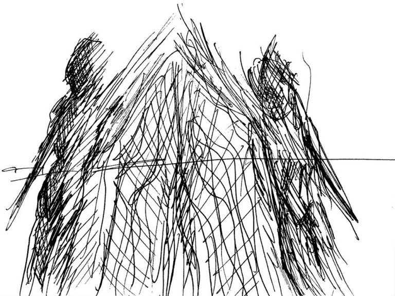together Zwei schemenhafte Figuren stehen vor einer angedeuteten Struktur.