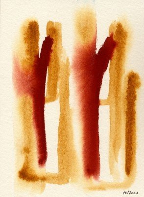 African colour Abstrakte Aquarellmalerei mit roten und orangefarbenen vertikalen Strichen auf hellem Hintergrund.
