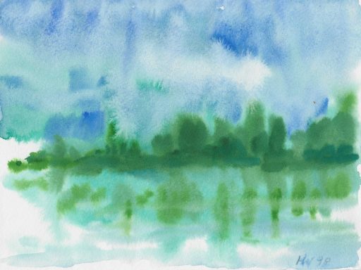 Canada 10 Abstrakte Aquarelllandschaft mit blauen und grünen Farbtönen, die Reflexionen zeigen.