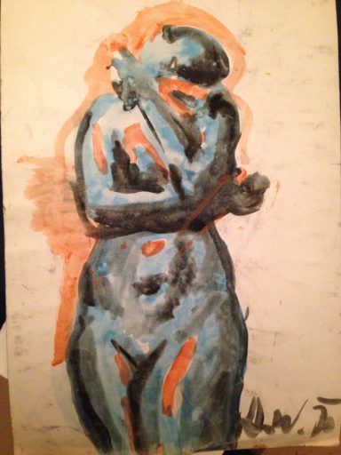 Eine stilisierte Darstellung eines nackten menschlichen Körpers in blauen und orangefarbenen Tönen.