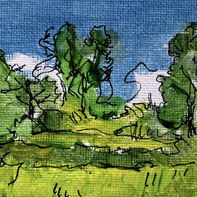 Buntes Landschaftsgemälde mit grünen Bäumen und einem blauen Himmel.