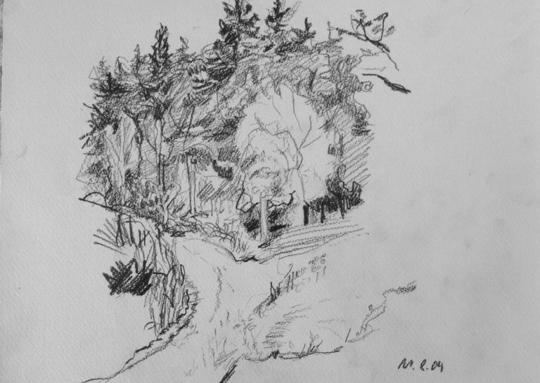 Landschaftsskizze mit Wald und Weggabelung., Bleistiftzeichnung von Herbert Wiedergut, 