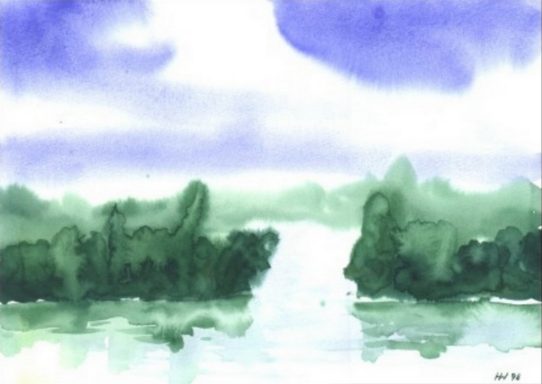 Aquarell mit einer grünen Landschaft und einem ruhigen Wasserlauf unter blauen Himmel.