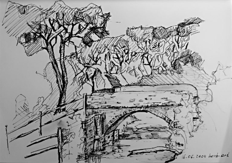 Skizze einer Landschaft mit Bäumen und einer Brücke in monochromer Tinte.