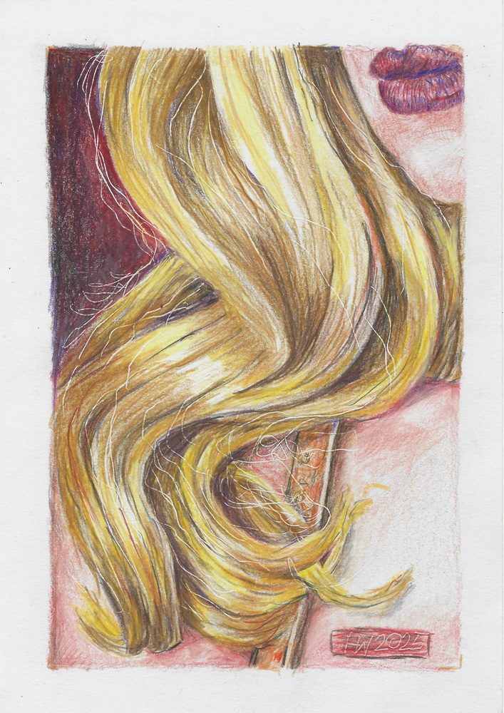 Haare Blonde Locken mit weichem Verlauf vor einem rot-weißen Hintergrund. Zeichnung von Herbert Wiedergut.