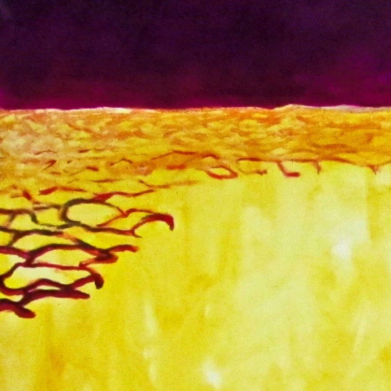Detailansicht von Verdiichtung des Lichts Detail aus „Verdichtung des Lichts“ mit gelben und orangefarbenen Lichtstrukturen unter einem dunklen Rot‑Violett von Herbert Wiedergut.