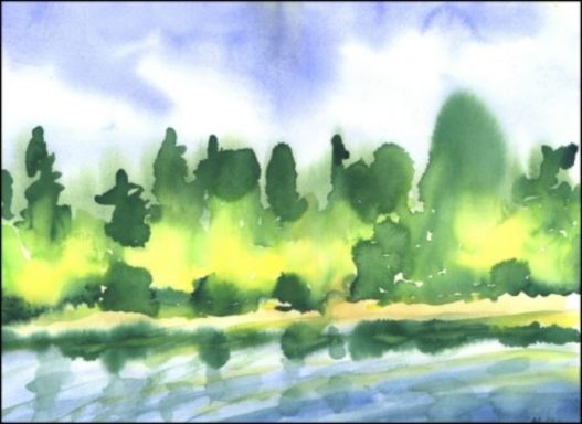 Aquarelllandschaft mit grünen Bäumen und reflektierendem Wasser im Vordergrund.