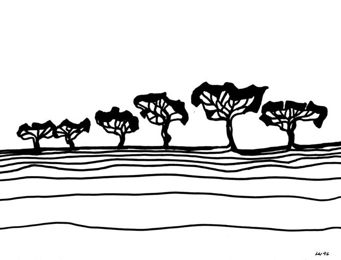 Schlichte schwarz-weiße Darstellung von Bäumen in einer wogenden Landschaft.