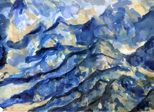 Abstrakte Landschaft in Blau- und Grautönen mit wellenförmigen Formen.
