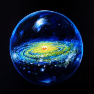 Ölmalerei, präsentiert in verschiedenen Themenbereichen Bunte Darstellung einer Galaxie in einer schimmernden Blase auf schwarzem Hintergrund.