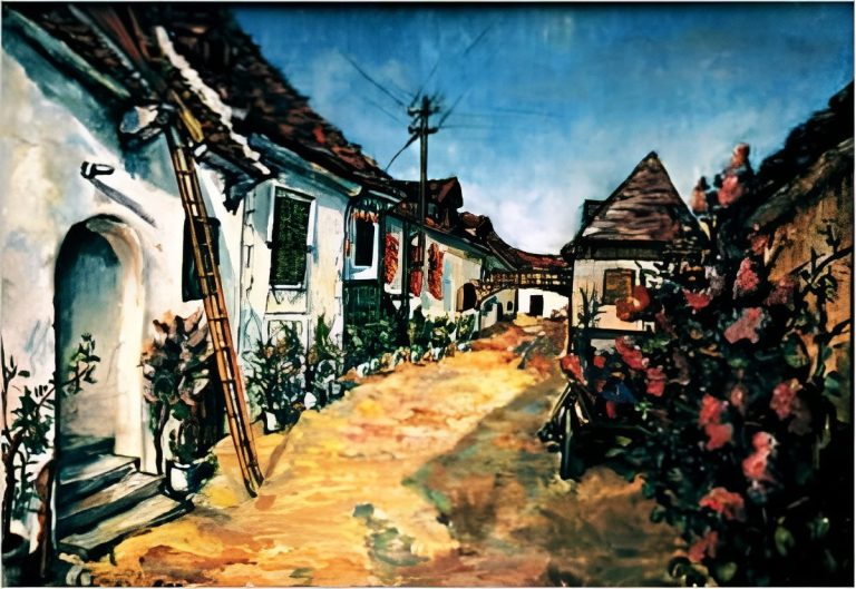 Mörbisch Friedlicher Dorfweg mit bunten Häusern und blühenden Pflanzen, unter blauem Himmel.