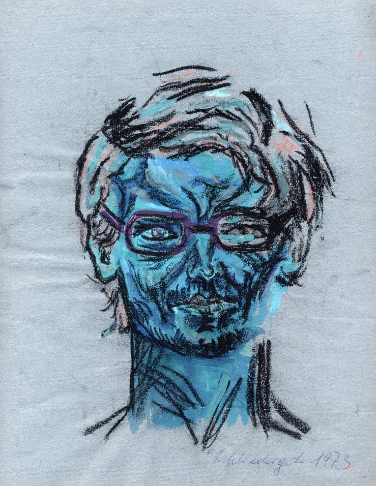 Selbstportrait 1973 in Pastell Porträt eines Mannes mit blauer Haut und Brille, skizziert in lebhaften Farben.