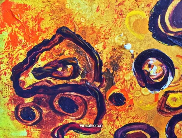 Detail Abstrakte Komposition in warmen Orangetönen mit dunklen Spiralen und Kreisen. Detail des Ölgemäldes "sun spots" von Herbert Wiedergut.