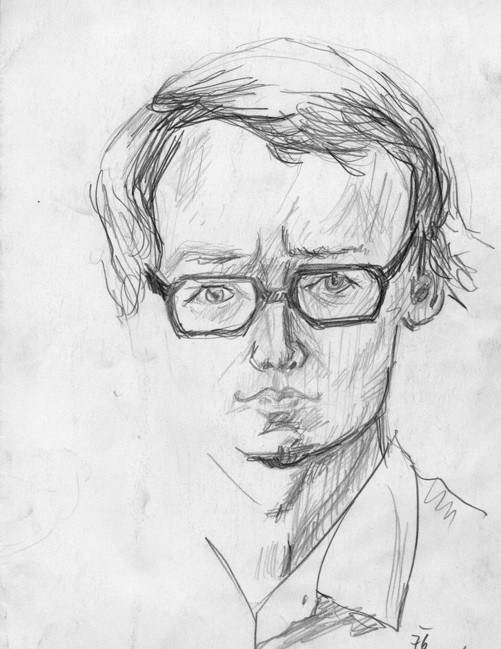 Selbstportrait 1976 Porträt eines jungen Mannes mit Brille und ernstem Gesichtsausdruck, skizzenhaft gezeichnet.
