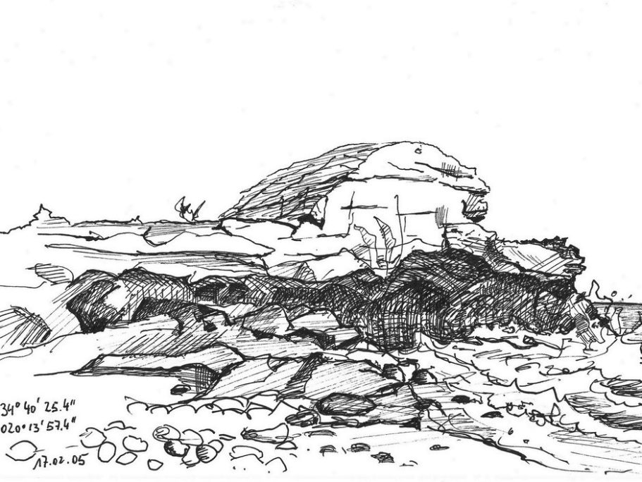Landschaftsskizze mit Felsen und Vegetation, einfach und skizzenhaft dargestellt.