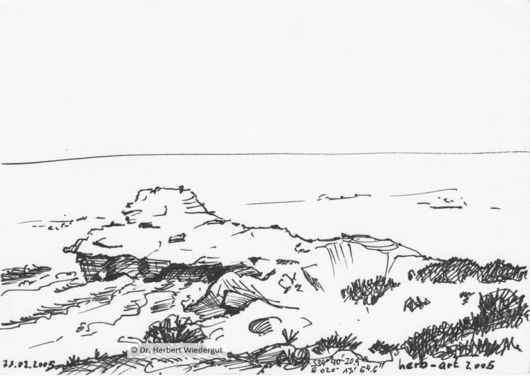 Felsenlandschaft am Meer, skizziert mit einfachen Linien und wenig Details.