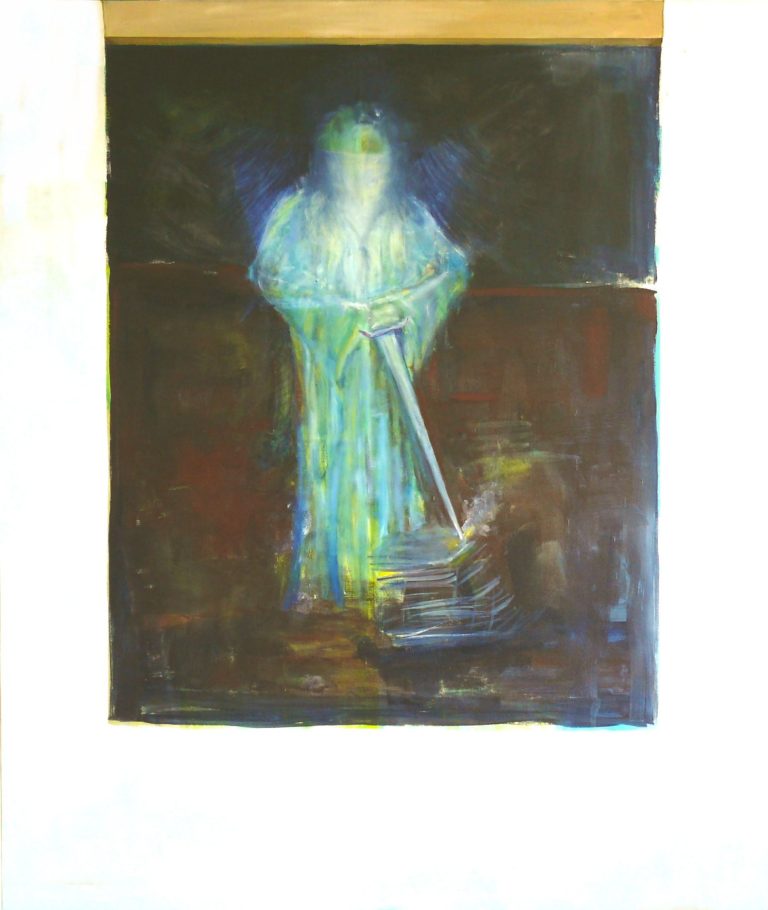 Justizia Eine mystische Figur in blauer Robe mit Schwert, umgeben von dunklem Hintergrund.