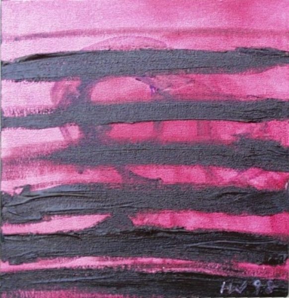 vergittert Abstrakte Komposition in Pink und Schwarz mit breiten, horizontalen Streifen.