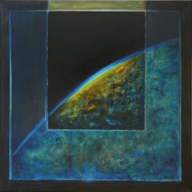 Ölgemälde Transparenz – Transzendenz von Herbert Wiedergut – kosmisches Fenster mit leuchtendem Horizont und illusionistischem Rahmen
