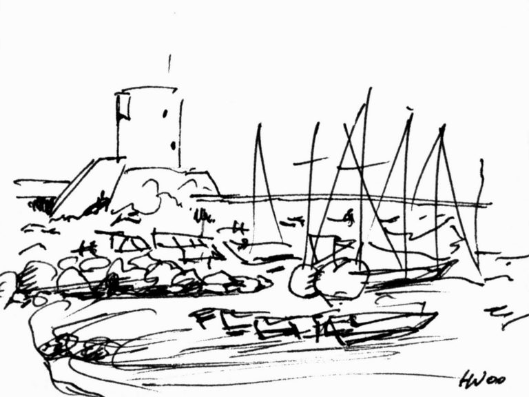 Reiseskizzen aus Italien Skizze eines Hafens mit Booten, einem Turm und segelnden Yachten im Hintergrund.