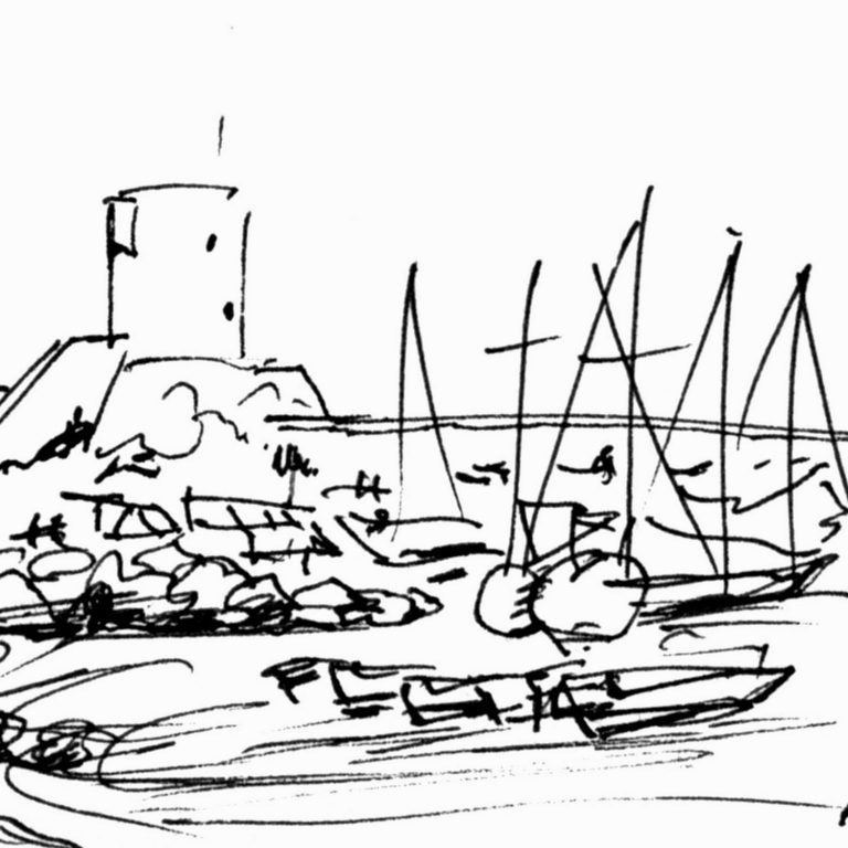 Reiseskizzen aus Italien Skizze eines Hafens mit Booten, einem Turm und segelnden Yachten im Hintergrund.