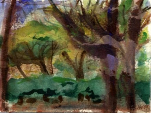 Aquarell mit Bäumen und grünem Laub in einer natürlichen Landschaft.