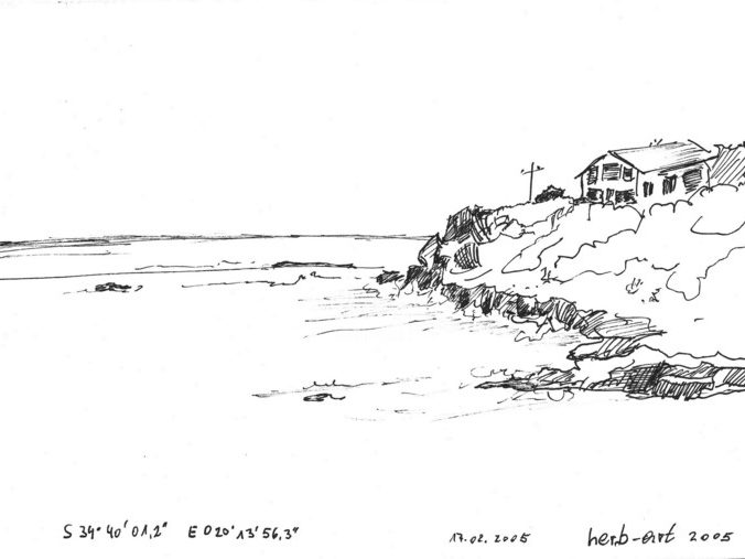 S 34° 40' 42.9 E 020° 13' 53.3 Landschaftsskizze mit Felsen, Meer und Brandung,