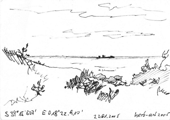 Skizze einer Küstenlandschaft mit feinem Gras und sanften Wellen im Hintergrund.