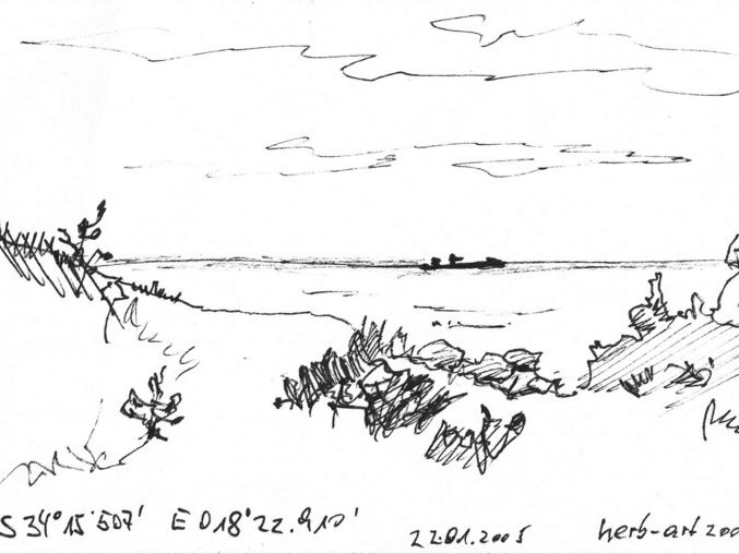 Olifantsbos Skizze einer Küstenlandschaft mit Sträuchern und einem Blick auf das Wasser.