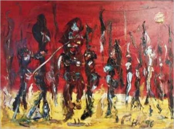 African Dance Abstrakte Malerei mit dunklen Figuren auf rotem und gelbem Hintergrund.