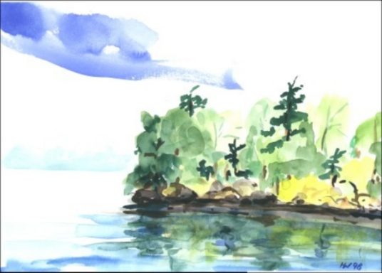 Landschaft mit Bäumen am Ufer eines ruhigen Gewässers unter bewölktem Himmel.