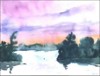 Reiseaquarelle Kanada Landschaft mit sanften Wasserfarben, Himmel in Lila- und Orangetönen, ruhiger See.