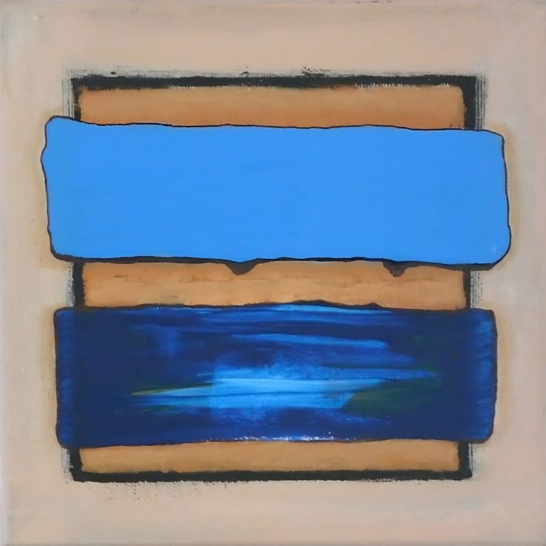Abstraktes Gemälde mit blauen und hellbraunen horizontalen Streifen.