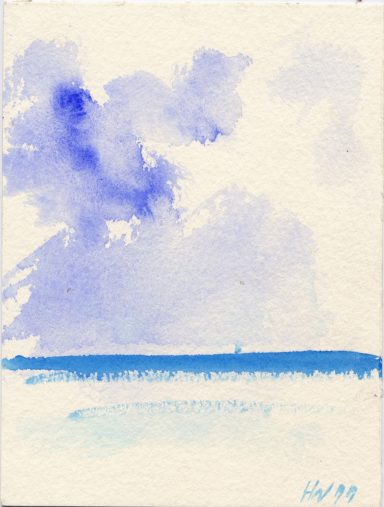 Abstrakte Aquarellmalerei mit blauen Himmel- und Wasserflächen.