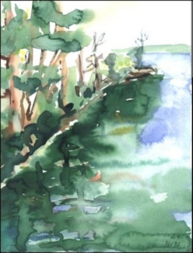 Landschaft mit Bäumen und ruhigem Wasser in sanften Grüntönen.