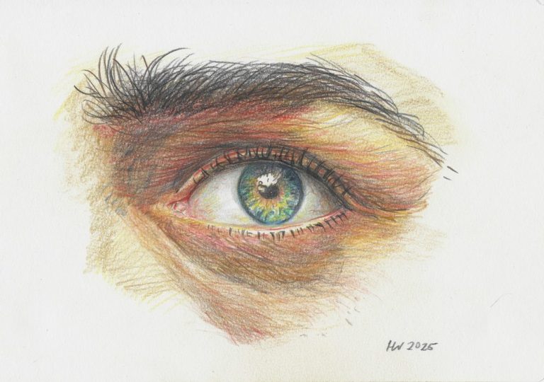 Zeichnungen Nahaufnahme eines Augen mit bunten iris und Wimpern, detailreiche Farbstiftzeichnung.