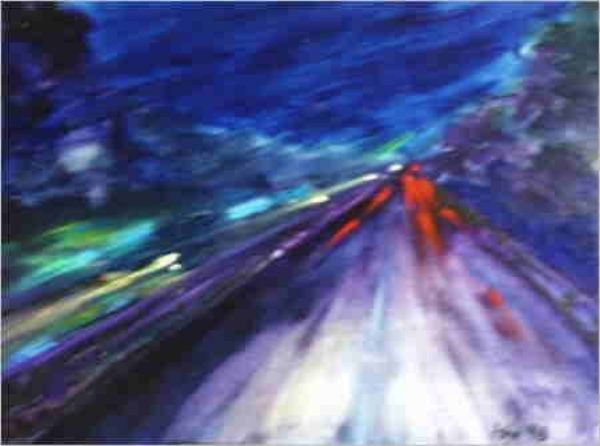 speed Abstrakte Darstellung einer bewegten Straßenansicht bei Nacht mit leuchtenden Farben.