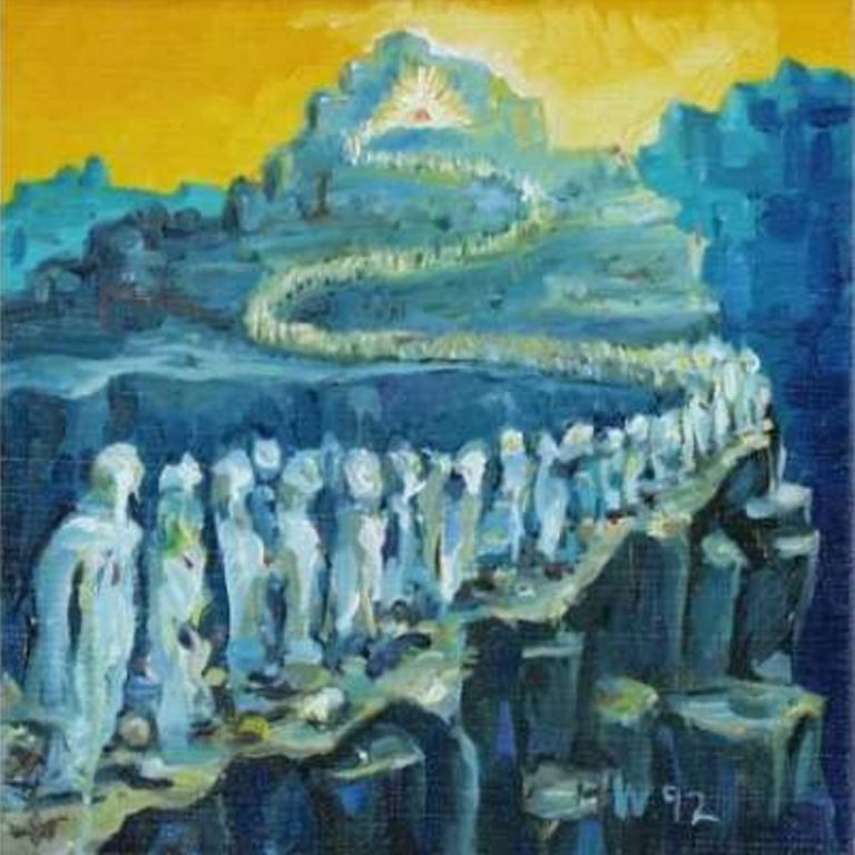Wallfahrt Menschenreihe auf einem Weg, der zu einer leuchtenden, pyramidenförmigen Struktur führt.